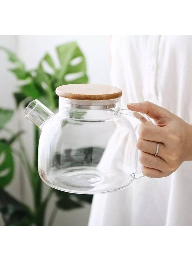 إبريق شاي زجاجي مقاوم للحرارة بسعة 1 لتر مع غطاء خشبي ومصفاة زجاج بوروسيليكات - Image 4